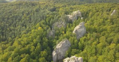 Dovbush kayalarda Bubnyshche - efsanevi bir yer, güzel doğal ormanları, turist ve gezginler Doğu Avrupa ve Ukrayna ile popüler ortasında fantastik kayalar eski mağara manastırda için havadan görünümü