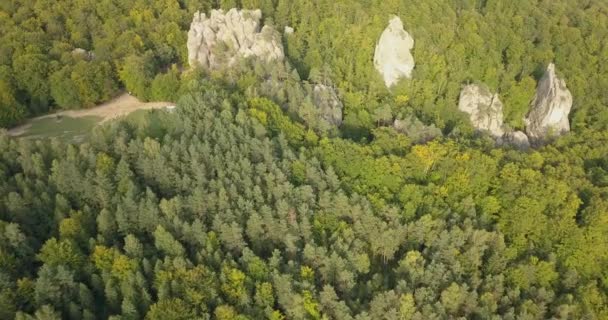 Vista Aérea Dovbush Rocks Bubnyshche Lugar Legendario Antiguo Monasterio Cuevas — Vídeos de Stock
