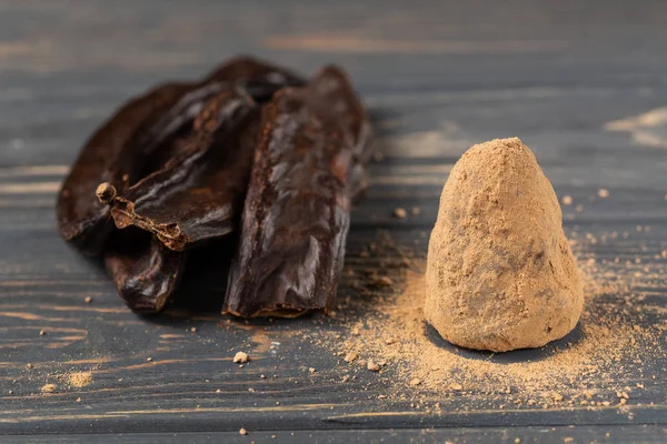 Healthy Raw Vegan Sweet Homemade Candy Wooden Board Background Carob — Stock Photo, Image