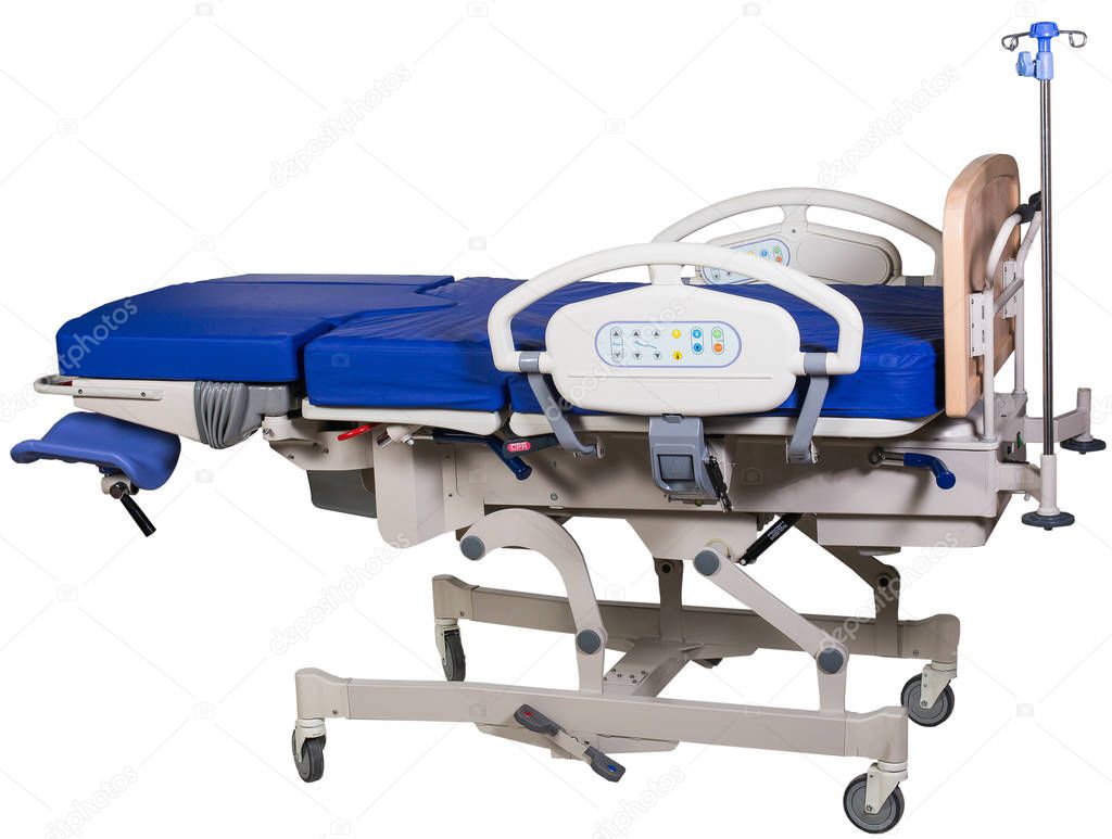 Modern hospital medical equipment - operation bed and diagnostic genicologic chair, women's consultation isolated on white background