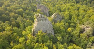 Sunrise - efsanevi bir yer, güzel doğal ormanları, turist ve gezginler Doğu Avrupa ve Ukrayna ile popüler ortasında fantastik kayalar eski mağara manastırda, Bubnyshche kayalarda Dovbush için havadan görünümü