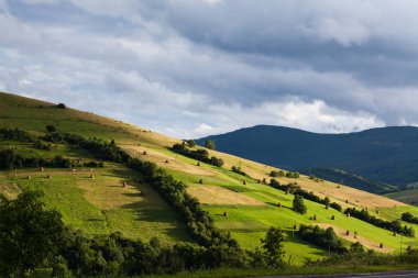 Yeşil ve sarı çim ve haystacks dağ manzarası