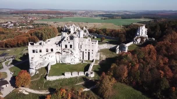 Luchtfoto Van Drone Naar Ruïnes Van Middeleeuws Kasteel Rots Ogrodzieniec — Stockvideo