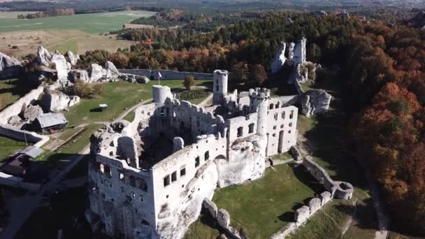 Luchtfoto Van Drone Naar Ruïnes Van Middeleeuws Kasteel Rots Ogrodzieniec — Stockvideo