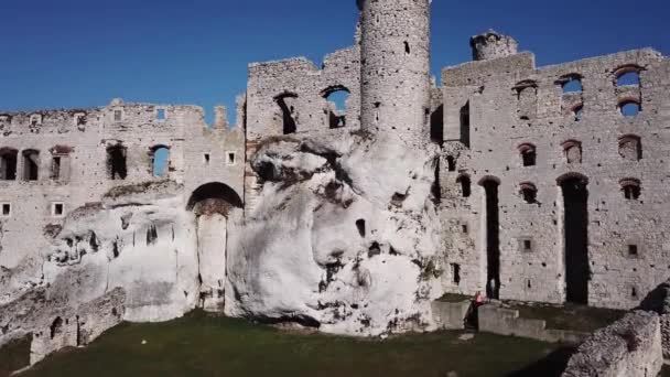 Aerial View Drone Ruins Medieval Castle Rock Ogrodzieniec Poland One — Stock Video