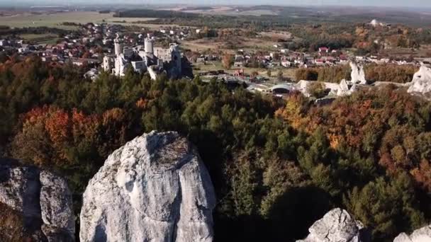 Aerial View Drone Ruins Medieval Castle Rock Ogrodzieniec Poland One — Stock Video