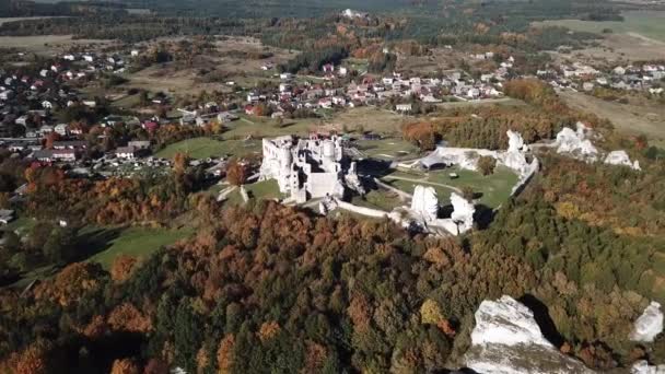 Widok Lotu Ptaka Drona Ruin Średniowiecznego Zamku Skale Ogrodziencu Polska — Wideo stockowe