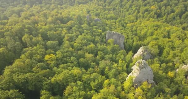 Vista Aérea Dovbush Rocks Bubnyshche Amanecer Antiguo Monasterio Cuevas Rocas — Vídeo de stock