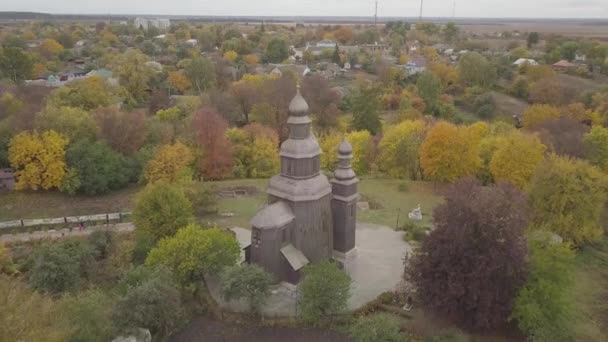 Flygfoto Antika Trä Kosacker George Church Ukrainska Byn Sedniv Nära — Stockvideo