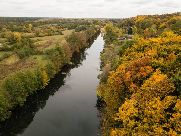 Aerial view of river Snov in autumn near village of Sednev, Chernihiv region, Ukraine.