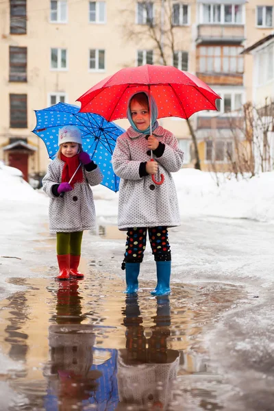 Милі Маленькі Дівчата Гуляють Калюжами Початку Весни — стокове фото