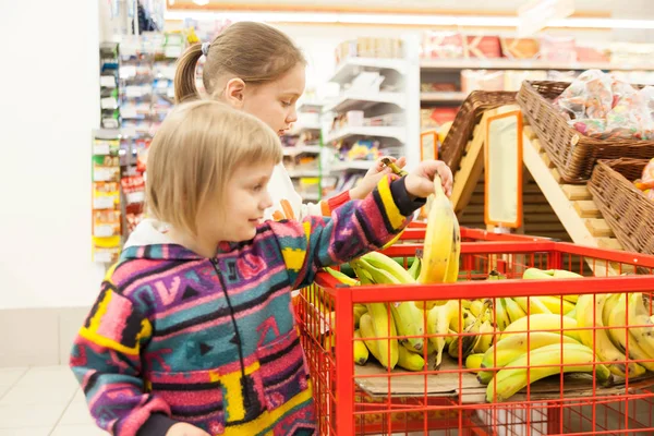 two girls 4 and 6 years old at   grocery store.