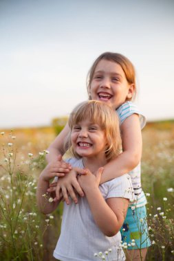   altı ve dört yıl yaşlı kız yaz çiçeklerle alan.