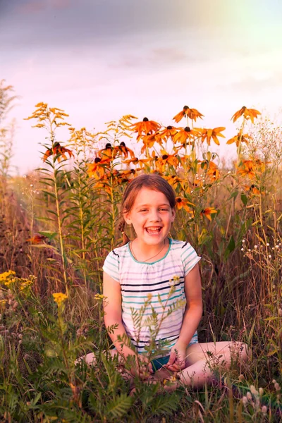 Pequena Menina Cinco Anos Campo Verão Com Flores — Fotografia de Stock
