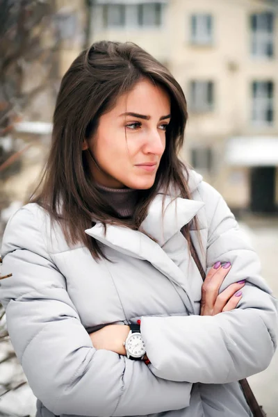 Retrato Hermosa Chica Invierno Chaqueta Plumón — Foto de Stock