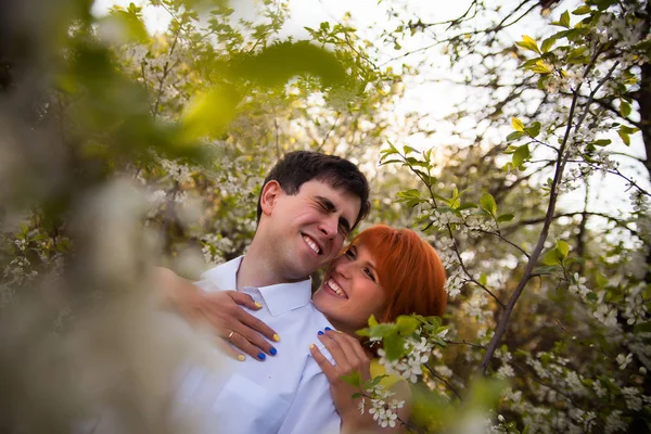 Retrato Una Hermosa Pareja Casada Contra Telón Fondo Jardines Florecientes —  Fotos de Stock