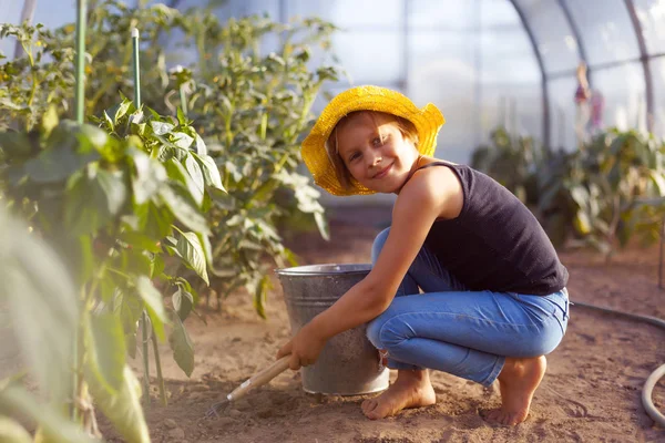 Gadis Manis Dengan Topi Jerami Kebun Sayuran Musim Panas — Stok Foto