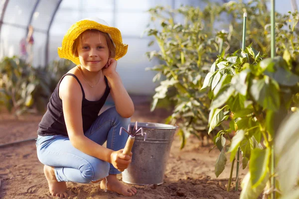 Gadis Manis Dengan Topi Jerami Kebun Sayuran Musim Panas — Stok Foto