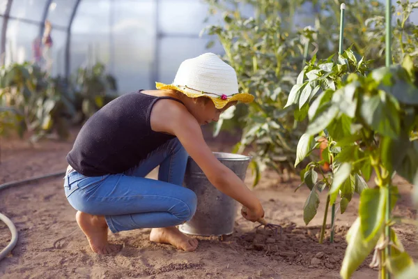 Gadis Manis Dengan Topi Jerami Kebun Sayuran Musim Panas — Stok Foto