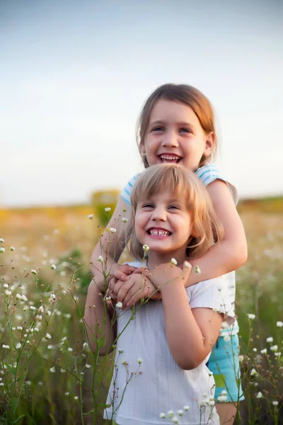 İki küçük çıplak ayaklı kız yaz otlağında