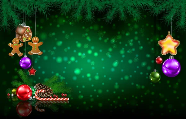 庆祝绿色问候姜饼人松果和圣诞节装饰品 — 图库矢量图片