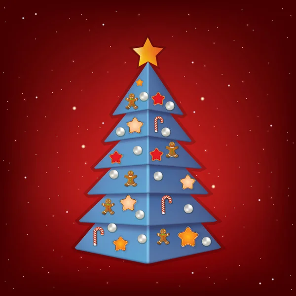 Fundo Vermelho Com Árvore Natal Azul Decorações —  Vetores de Stock
