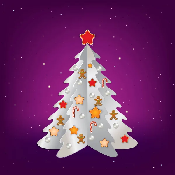 Natal Saudação Roxa Com Árvore Branca Decorações —  Vetores de Stock