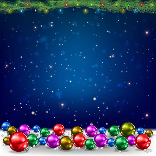 圣诞节蓝色背景与松树分雪花和装饰 — 图库矢量图片