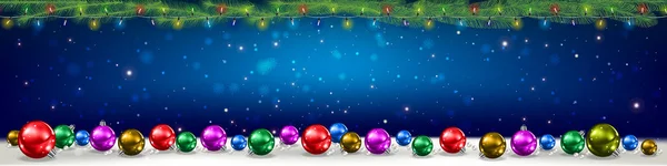 Weihnachten Blaues Banner Mit Tannenzweigen Schneeflocken Und Dekorationen — Stockvektor