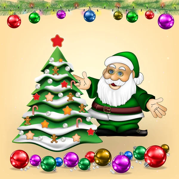 Julhälsning Med Jultomten Och Träd Beige — Stock vektor