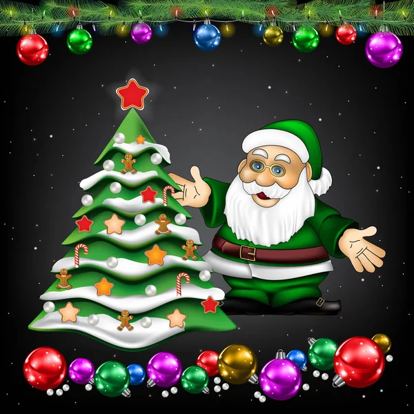 Christmas Greeting Santa Claus Tree Black — Stock Vector