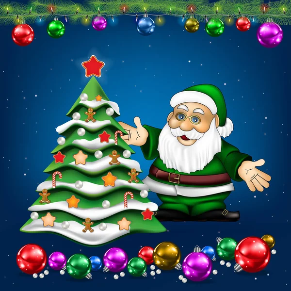 ブルーのツリーとサンタ クロース クリスマスの挨拶 — ストックベクタ