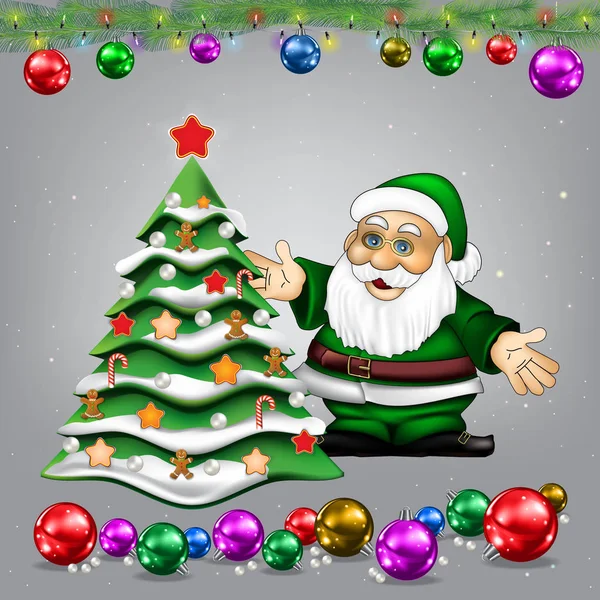 Weihnachtsgruß Mit Weihnachtsmann Und Baum Auf Grau — Stockvektor