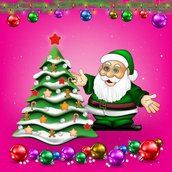 Christmas Greeting Santa Claus Tree Pink — Stock Vector