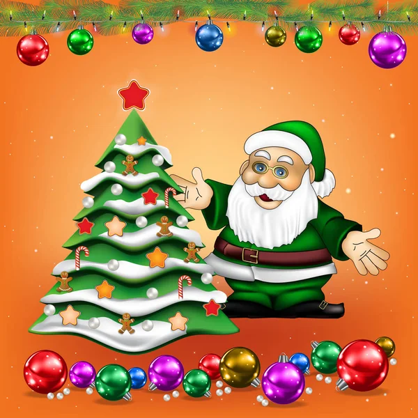 与圣诞老人和橘子树的圣诞问候 — 图库矢量图片