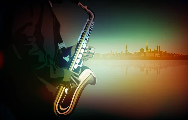 Abstrakt musik illustrationen med saxofonisten — Stock vektor