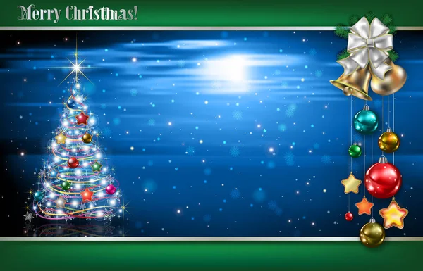 Abstrakter blauer Hintergrund mit Weihnachtsbaum und Dekorationen — Stockvektor