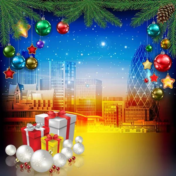 Celebration greeting with cityscape of London Christmas gifts an — Stock Vector