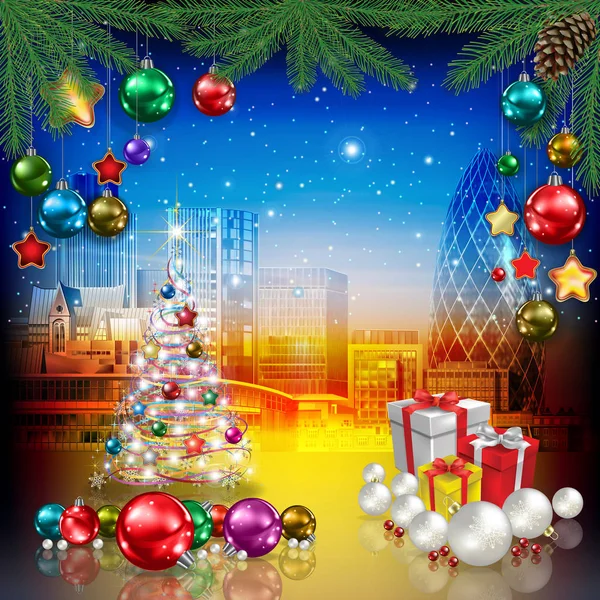 Uvítací pozdrav s panoráma londýnského vánočního stromku GIF — Stockový vektor