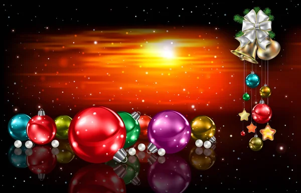 Résumé fond de coucher de soleil rouge avec cloches de Noël et décorati — Image vectorielle