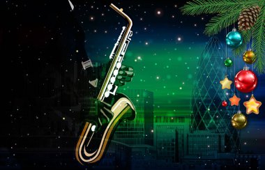 Yılbaşı yeşil müzik illüstrasyonları Saksafoncuyla şehirde
