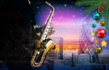 Şehirlerde saksafoncu ile Noel pembe müzik illüstrasyonu