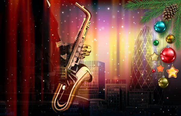 Christmas red music illustration with saxophone player on citysc — ストックベクタ