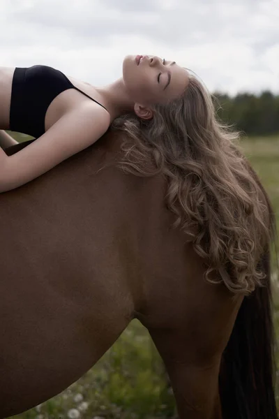 Красива молода леді з конем — стокове фото