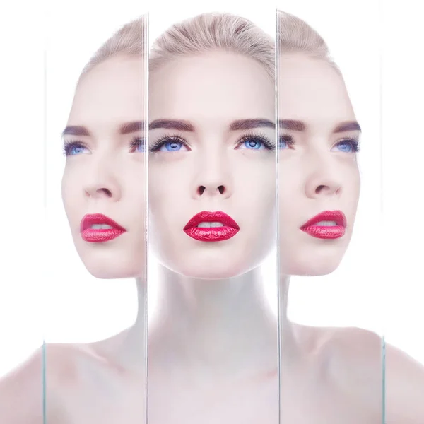 Schöne blonde Frau mit perfektem Make-up rote Lippen — Stockfoto