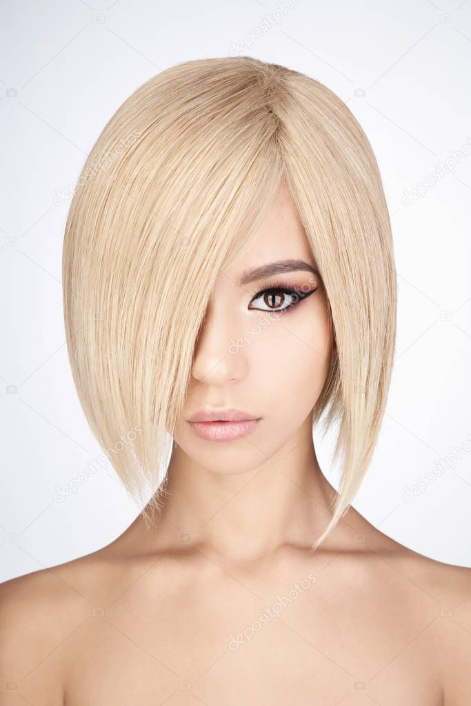 Lovely asian woman with blonde short hair 
