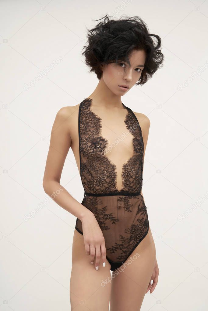 Sensual woman in black lace lingerie