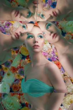 young beautiful woman with bright colorfull makeup on flower bac
