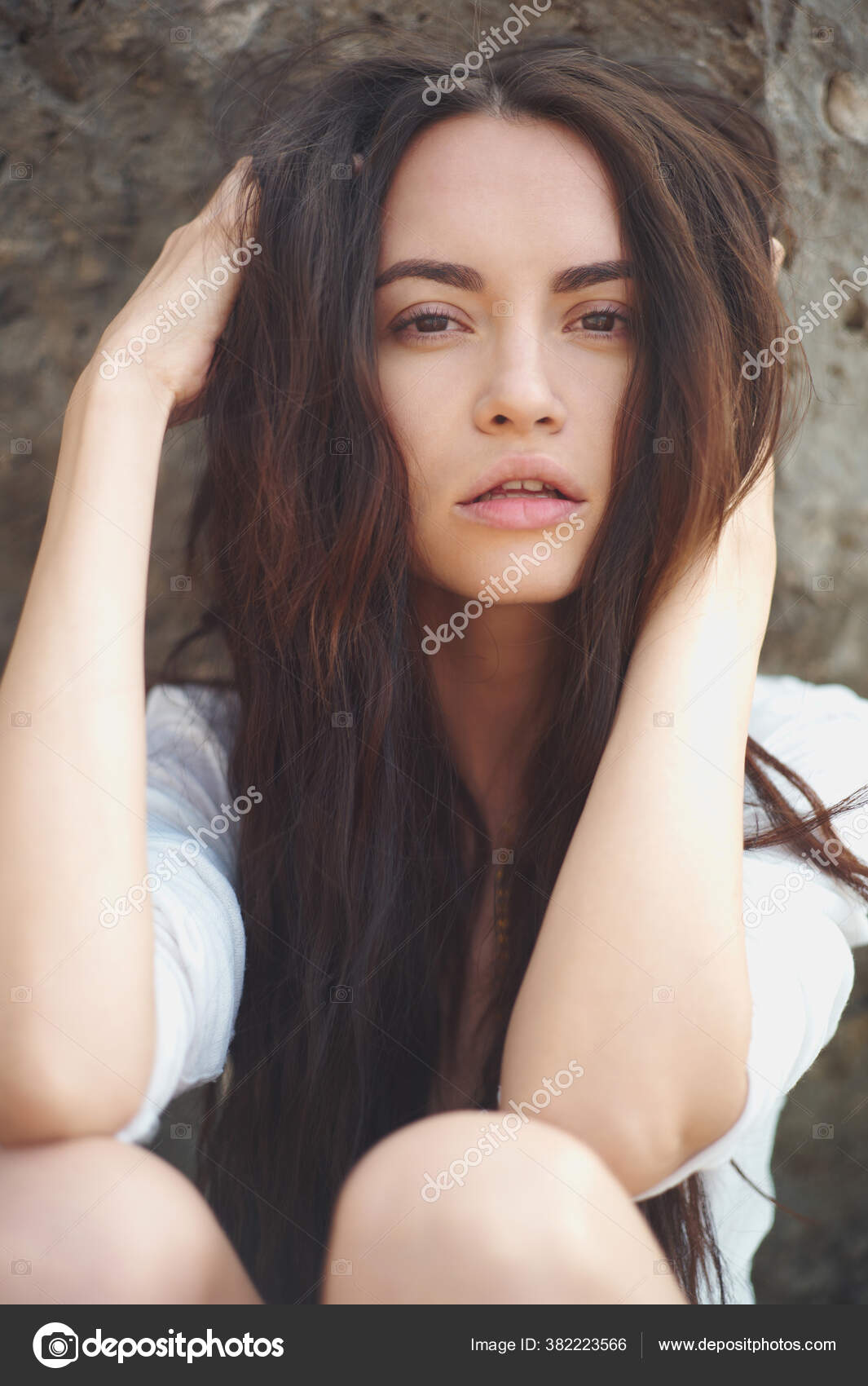 Liestyle Portrait Young Beautiful Woman Sexy Brunnete Sits Outdoors Pretty  Stock Photo by ©egorrr 382223566