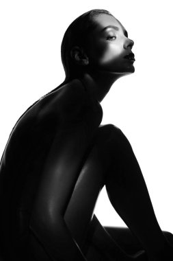 Siyah-beyaz konsept moda fotoğrafında gölgeli zarif bir kadın var. Moda, Sağlık ve Güzellik